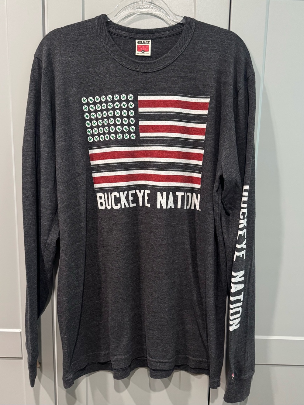 HOMAGE Charcoal Long Sleeve Tee with Red & White Flag Graphic